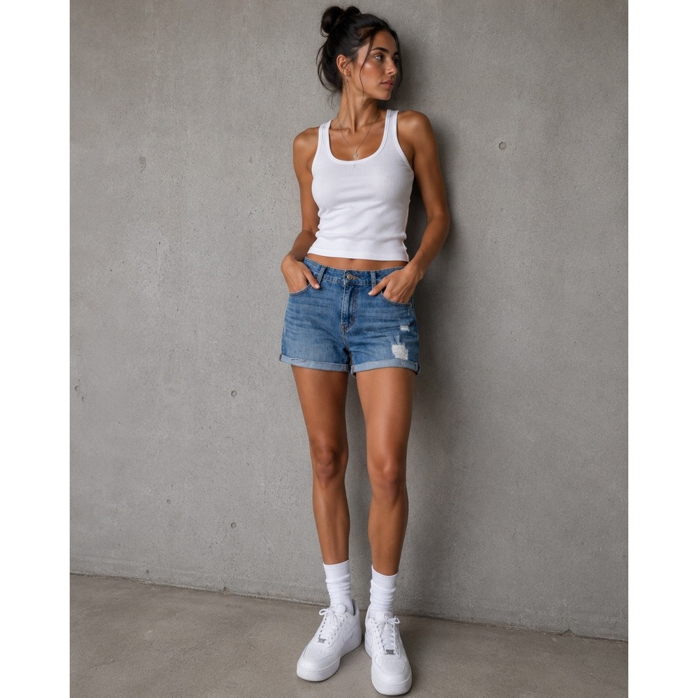 Levi's Mid Length Denim Shorts Women 29 Blue Distressed Cuffed Grunge Streetwear